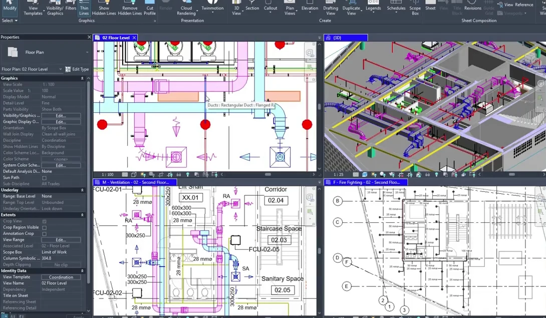Revit example with coordinated floor plans, MEP services and a three-dimensional building model